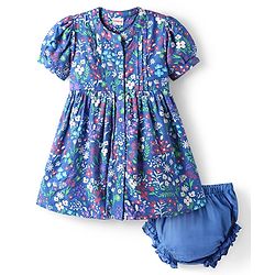 Babyhug Cotton Woven Puffed Sleeves Front Open Frock & Bloomer with Floral Print - Blue