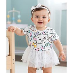 Babyhug Disney Interlock Knit Half Sleeves Frock Style Onesie with Aristocats Marie Print &  Mesh Skirt Detailing- White