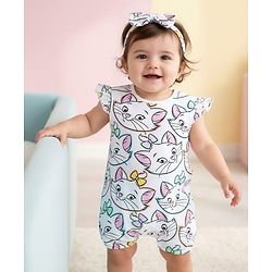 Babyhug Disney Interlock Knit Frill Sleeves Romper With Aristocats Marie Graphics & Headband - White