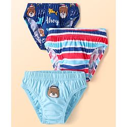 Babyhug Single Jersey Anti-Bacterial Briefs with Stripes & Placement Print Pack of 3 - Light Blue & Navy Blue