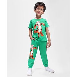 Babyhug Disney Single Jersey Knit Half Sleeves T-Shirt &  Lounge Pants With Tigger Graphics - Green