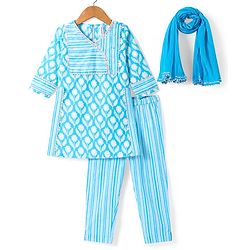 Babyhug Woven Three Fourth Sleeves Cambric Floral Printed Kurti Palazzo & Dupatta Set - Light Blue