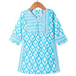Babyhug Woven Three Fourth Sleeves Cambric Floral Printed Kurti Palazzo & Dupatta Set - Light Blue