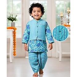 Babyhug Full Sleeves Dhoti Kurta With Floral Print & Jacket Set - Blue