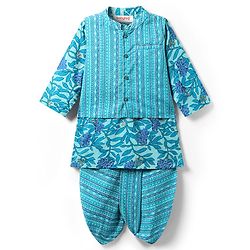 Babyhug Full Sleeves Dhoti Kurta With Floral Print & Jacket Set - Blue