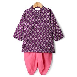 Babyhug Cotton Woven Mandarin Collar Full Sleeves Kurta Dhoti Set With Floral Print - Purple