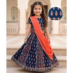 Babyhug Cambric Woven Half Sleeves Choli Lehenga with Dupatta & Floral Print - Navy Blue