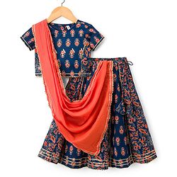 Babyhug Cambric Woven Half Sleeves Choli Lehenga with Dupatta & Floral Print - Navy Blue