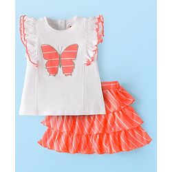 Babyhug Single Jersey Knit Frill Sleeves Top with Skirt & Butterfly Patch - White & Neon Orange