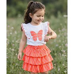 Babyhug Single Jersey Knit Frill Sleeves Top with Skirt & Butterfly Patch - White & Neon Orange