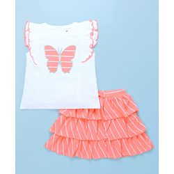 Babyhug Single Jersey Knit Frill Sleeves Top with Skirt & Butterfly Patch - White & Neon Orange