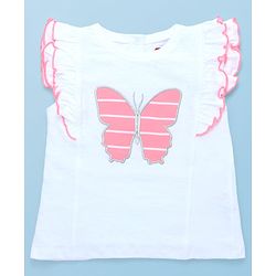 Babyhug Single Jersey Knit Frill Sleeves Top with Skirt & Butterfly Patch - White & Neon Orange