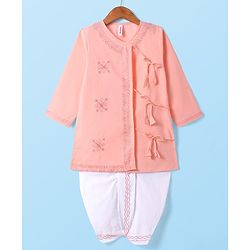Babyhug Cotton Full Sleeves Embroidered Angarakha Kurta Dhoti Set - Coral