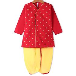 Babyhug Cotton Woven Full Sleeves Embroidered Overlap Kurta Dhoti Set - Red