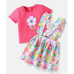 Babyhug Single Jersey Knit Half Sleeves Top & Skirt Set with Floral Embroidery & Frill Detailing - Pink