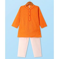 Babyhug Cotton Woven Cambric Dobby Full Sleeves Kurta Pyjama Set - Orange