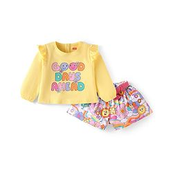 Babyhug Single Jersey Knit Full Peasant Sleeves Top & Shorts with Floral & Text Print - Yellow