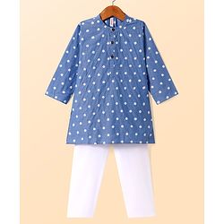 Babyhug Cotton Woven Cambric Full Sleeves Floral Embroidery Kurta Pyjama Set - Blue