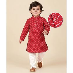 Babyhug Full Sleeves Cotton Woven Kurta with Embriodery and Payjama Set - Red