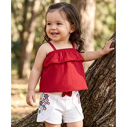 Babyhug 100% Cotton Single Jersey Knit Singlet Off Shoulder Sleeves Solid Top & Shorts Set With Floral Embroidery & Bow Applique - Red & White