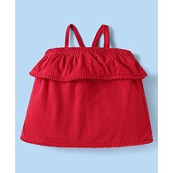 Babyhug 100% Cotton Single Jersey Knit Singlet Off Shoulder Sleeves Solid Top & Shorts Set With Floral Embroidery & Bow Applique - Red & White