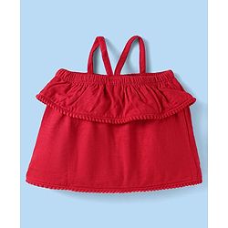 Babyhug 100% Cotton Single Jersey Knit Singlet Off Shoulder Sleeves Solid Top & Shorts Set With Floral Embroidery & Bow Applique - Red & White