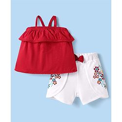 Babyhug Single Jersey Knit Singlet Off Shoulder Sleeves Solid Top & Shorts Set With Floral Embroidery & Bow Applique - Red & White