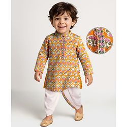 Babyhug Cotton Woven Full Sleeves Floral Printed Kurta Dhorti Set - Orange & White