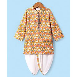 Babyhug Cotton Woven Full Sleeves Floral Printed Kurta Dhorti Set - Orange & White