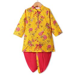Babyhug Cambric Woven Full Sleeves Kurta Dhoti Set With Floral Print - Yellow