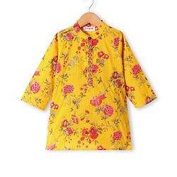 Babyhug Cambric Woven Full Sleeves Kurta Dhoti Set With Floral Print - Yellow