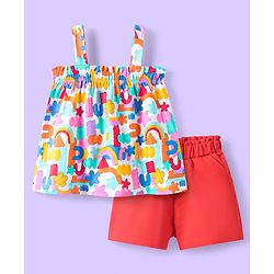 Babyhug Single Jersey Knit Sleeveless Top & Shorts Set with Floral Print - White & Red
