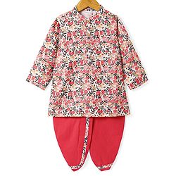 Babyhug Cambric Full Sleeves Kurta Dhoti Set With Floral Print - Beige