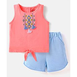 Babyhug Single Jersey Knit Sleeveless Embroidered Top & Shorts Set - Pink & Blue