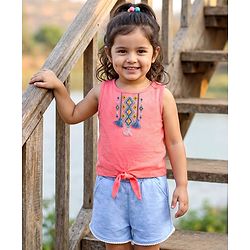 Babyhug Single Jersey Knit Sleeveless Embroidered Top & Shorts Set - Pink & Blue