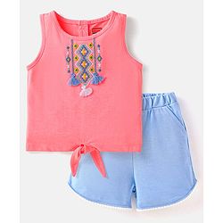 Babyhug Single Jersey Knit Sleeveless Embroidered Top & Shorts Set - Pink & Blue