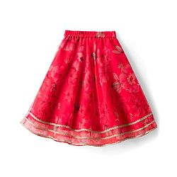 Babyhug Woven Floral Printed Flutter Sleeves Choli Lehenga Set with Floral Print & Lace Detailing & Dupatta - Orange