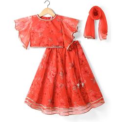 Babyhug Woven Floral Printed Flutter Sleeves Choli Lehenga Set with Floral Print & Lace Detailing & Dupatta - Orange
