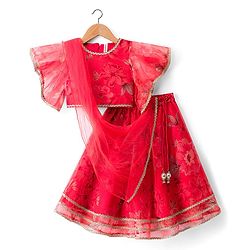 Babyhug Woven Floral Printed Flutter Sleeves Choli Lehenga Set with Floral Print & Lace Detailing & Dupatta - Orange
