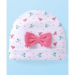Babyhug Interlock Knit Cap With Bird & Polka Dot Print & Bow Applique - White