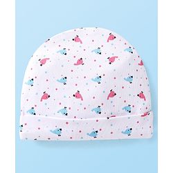Babyhug Interlock Knit Cap With Bird & Polka Dot Print & Bow Applique - White