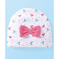 Babyhug Interlock Knit Cap With Bird & Polka Dot Print & Bow Applique - White