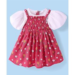 Babyhug Rayon Woven Half Puffed Sleeves Frock With Floral Print - Red & White