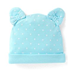 Babyhug Interlock Knit Cap with Bow Applique & Polka Dots - Light Blue