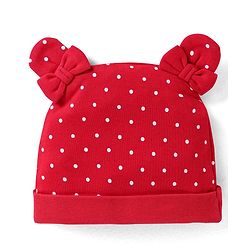 Babyhug Interlock Knit Cap With Ear Applique & Polka Dot Print - Red
