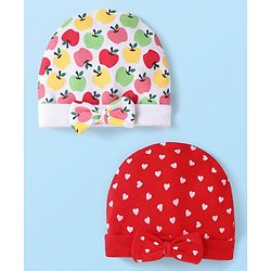 Babyhug 100% Cotton Interlock Knit Caps Heart & Tropical Print with Bow Applique Pack of 2 - Red & White