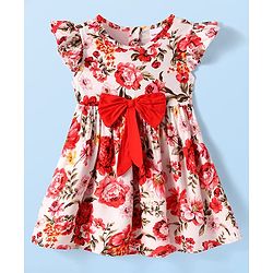 Babyhug Rayon Woven Frill Sleeves Floral Printed Frock with Bow Applique - Red