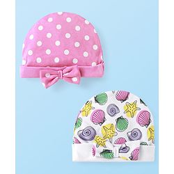Babyhug 100% Cotton Knit Tie Knot Cap Beach Theme & Polka Dot Print Pack of 2 - Pink & White