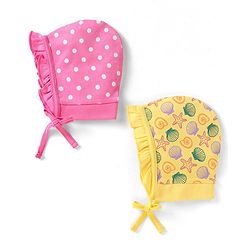 Babyhug Interlock Knit Caps with Polka Dots & Sea Life Print Pack of 2 - Pink & Yellow