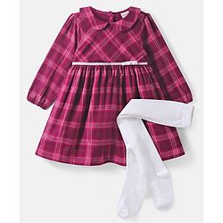 Babyhug Cotton Woven Full Sleeves Checks Frock With Peter Pan Collar & Stockings - Maroon